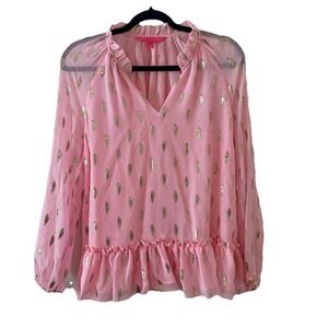 Lilly Pulitzer Tensley Silk Top Pink Metallic Silver Gold Feathers‎ Ruffles Sz S